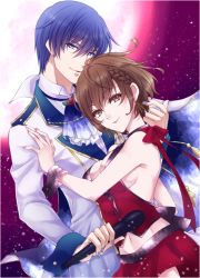 Rule 34 | 1boy, 1girl, blue eyes, blue hair, bow, braid, breasts, brown eyes, brown hair, cleavage, couple, earrings, flower, gradient neckwear, holding, holding microphone, jacket, jewelry, kaito (vocaloid), looking at viewer, medium breasts, meiko (vocaloid), microphone, midriff, miniskirt, moon, navel, pleated skirt, red bow, red flower, red rose, red skirt, rose, sideboob, single braid, skirt, sleeveless, smile, stomach, tonyo (milky crown), vocaloid, white jacket, wrist cuffs