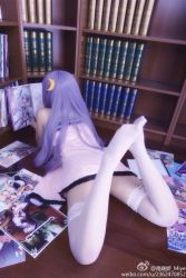 Rule 34 | 1girl, book, bookshelf, convenient leg, cosplay, cosplay photo, crescent, crescent hair ornament, dress, facing away, feet, feet up, frilled dress, frills, hair ornament, indoors, long hair, lying, no shoes, on floor, on stomach, patchouli knowledge, patchouli knowledge (cosplay), photo (medium), purple hair, solo, thighhighs, touhou, white thighhighs, wooden floor, zettai ryouiki