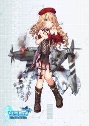 Rule 34 | 1girl, ace virgin, aqua eyes, bare shoulders, beret, blonde hair, cockpit, collarbone, corset, damaged, detached sleeves, drill hair, fire, fire, full body, hat, highres, open mouth, personification, propeller, shenbei xiaoqiu, skirt, smile, solo, standing, supermarine spitfire, sword, torn clothes, weapon, wince, wings