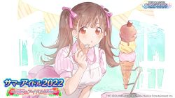 1girl apron brown_eyes brown_hair commentary_request food hair_ribbon highres ice_cream idolmaster idolmaster_shiny_colors long_hair looking_at_viewer official_art pink_ribbon pink_shirt pink_skirt puffy_short_sleeves puffy_sleeves restaurant ribbon shirt short_sleeves skirt solo sonoda_chiyoko spoon twintails waitress watercolor_effect white_apron