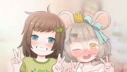 Rule 34 | 2girls, ahoge, animal ears, bear hair ornament, blue bow, blurry, blurry background, blush, bow, brown hair, celesse souris, child, crown, double v, eyelashes, eyewear on head, frog, glasses, glasses on head, green hair ornament, green shirt, grey hair, hair bow, hair ornament, indie virtual youtuber, lily hopkins, looking at viewer, lower teeth only, medium hair, milk scum, mouse ears, mouse girl, multicolored background, multiple girls, official art, one eye closed, open mouth, paper crown, raised eyebrows, round eyewear, shirt, simple background, sweat, sweatdrop, t-shirt, teeth, upper body, upper teeth only, v, virtual youtuber, white shirt, yellow eyes