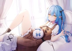 Rule 34 | 1girl, :3, ahoge, black bow, black socks, blue bow, blue hair, blush, bow, breasts, brown bow, brown dress, closed mouth, commentary request, creature, dress, elf, glasses, hair between eyes, hair bow, heart, heart ahoge, highres, holding, holding own hair, hololive, indoors, jewelry, knee up, large breasts, long hair, looking at viewer, lying, nail polish, necklace, nyan (reinyan 007), official alternate costume, on back, on bed, petting, pink nails, pointy ears, short sleeves, socks, solo, two side up, unworn eyewear, virtual youtuber, yellow eyes, yukihana lamy, yukihana lamy (casual), yukimin (yukihana lamy)