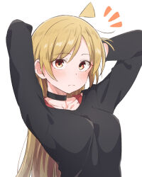 Rule 34 | 1girl, ahoge, arms behind head, arms up, black choker, black shirt, blonde hair, bocchi the rock!, breasts, choker, closed mouth, commentary, detached ahoge, detached hair, eitopondo, ijichi seika, light blush, long hair, long sleeves, looking at viewer, medium breasts, parted bangs, red eyes, shirt, simple background, solo, straight hair, strap, upper body, white background