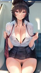 Rule 34 | 1girl, absurdres, alternate costume, animal ears, atago (azur lane), azur lane, black bra, black hair, black skirt, blush, bra, breasts, cleavage, closed mouth, collarbone, collared shirt, commentary request, dog ears, female pubic hair, hair between eyes, heart, heart-shaped pupils, highres, large breasts, long hair, long sleeves, looking at viewer, necktie, pubic hair, pussy, red necktie, school uniform, shirt, sitting, skirt, smile, solo, symbol-shaped pupils, u ronnta, underwear, uniform, wet, wet clothes, white shirt, yellow eyes