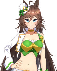 Rule 34 | 1girl, absurdres, ahoge, animal ears, armband, bare shoulders, blue eyes, blush, bow, breasts, brown hair, choker, collarbone, commentary request, crop top, green bow, green shirt, hair between eyes, hand on own hip, hat, hat bow, highres, horse ears, jacket, kozikan, long hair, looking at viewer, medium breasts, midriff, mini hat, mini top hat, mr. c.b. (umamusume), navel, open clothes, open jacket, partial commentary, shirt, simple background, single sleeve, smile, solo, stomach, strapless, strapless shirt, top hat, umamusume, upper body, very long hair, white background, white jacket, wrist cuffs