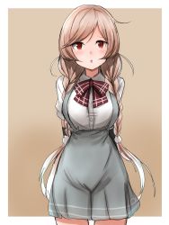 Rule 34 | 1girl, :o, absurdres, alternate breast size, arm warmers, arms behind back, blush, border, bow, bowtie, braid, breasts, brown background, brown eyes, cloud hair ornament, gradient background, highres, kamaboko senshi, kantai collection, large breasts, light brown hair, long hair, low twin braids, minegumo (kancolle), open mouth, plaid, plaid bow, plaid bowtie, pleated skirt, red bow, red bowtie, red eyes, shirt, skirt, solo, suspender skirt, suspenders, twin braids, white border, white shirt