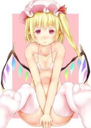 Rule 34 | 1girl, :&gt;, alternate costume, bikini, blonde hair, blush, covering privates, covering crotch, feet, flandre scarlet, hat, micro bikini, mob cap, pointy ears, red eyes, side ponytail, soles, solo, sugiyuu, swimsuit, thighhighs, touhou, white bikini, white thighhighs, wings