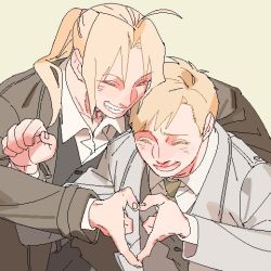Rule 34 | 2boys, alphonse elric, blonde hair, brothers, clenched hand, closed eyes, coat, edward elric, fingernails, formal, fullmetal alchemist, happy, heart, heart hands, holding hands, male focus, multiple boys, necktie, open mouth, p0ckylo, ponytail, shaded face, shirt, short hair, siblings, simple background, smile, waistcoat, waitscoat, white background, white shirt
