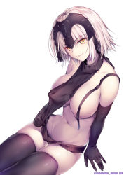 Rule 34 | &gt;:), 1girl, areola slip, arm at side, arm support, backless dress, backless outfit, bare shoulders, black gloves, black sweater, black thighhighs, blonde hair, breasts, collarbone, convenient censoring, covered erect nipples, cowboy shot, dress, elbow gloves, eyelashes, fate/grand order, fate (series), gloves, groin, hair between eyes, halterneck, headpiece, highres, hip focus, jeanne d&#039;arc (fate), jeanne d&#039;arc alter (avenger) (fate), jeanne d&#039;arc alter (fate), large breasts, looking at viewer, loose clothes, meme attire, naked sweater, navel, obiwan, parted lips, ribbed sweater, shadow, short hair, simple background, sitting, skindentation, smile, solo, stomach, sweater, sweater dress, thigh gap, thighhighs, thighs, turtleneck, turtleneck sweater, twitter username, undersized clothes, untied, v-shaped eyebrows, virgin killer sweater, white background, yellow eyes, ||/