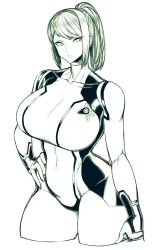 Rule 34 | bodysuit, breasts, contrapposto, cowboy shot, curvy, green theme, hand on own hip, highres, huge breasts, metroid, monochrome, nintendo, ponytail, samus aran, simple background, solo, spacezin, swept bangs, tagme, thighs, v-shaped eyebrows, white background, wide hips, zero suit