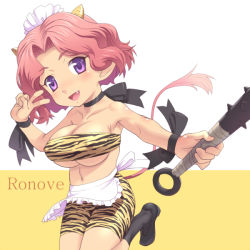 Rule 34 | 1girl, apron, bat (animal), bike shorts, bow, breasts, character name, cleavage, horns, large breasts, maid headdress, meow (nekodenki), midriff, navel, oni, original, pink hair, purple eyes, ribbon, short hair, solo, strapless, tail, tube top, weapon