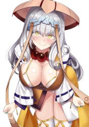Rule 34 | 1girl, beads, bent over, bikini, blush, breasts, carmilla (fate), cleavage, cosplay, embarrassed, fate/grand order, fate (series), fingernails, hat, highres, i.f.s.f, large breasts, leaning forward, long fingernails, long hair, looking at viewer, prayer beads, silver hair, smile, solo, swimsuit, xuangzang sanzang (fate) (cosplay), xuangzang sanzang (fate), yellow eyes