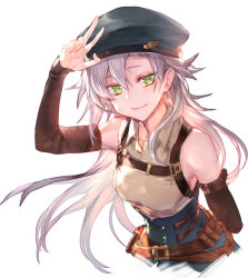 Rule 34 | 1girl, achan (blue semi), ammunition belt, arm behind back, arm warmers, belt, beret, blue skirt, breasts, brown belt, brown shirt, closed mouth, collared shirt, commentary, cropped torso, eiyuu densetsu, falcom, fie claussell, green eyes, green hat, hair between eyes, hat, kuro no kiseki, lips, long hair, looking at viewer, medium breasts, salute, shirt, shirt tucked in, silver hair, simple background, skirt, sleeveless, sleeveless shirt, smile, solo, strap, symbol-only commentary, two-finger salute, upper body, white background