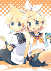 Rule 34 | 1boy, 1girl, 2girls, aqua eyes, aqua hair, back-to-back, bare shoulders, blonde hair, blush, brother and sister, detached sleeves, food, hair ornament, hair ribbon, hairclip, hatsune miku, headphones, ice cream, kagamine len, kagamine rin, leg warmers, long hair, looking at viewer, looking back, mouth hold, multiple girls, navel, open mouth, popsicle, ribbon, sailor collar, short hair, shorts, siblings, sisters, sitting, smile, twins, twintails, vocaloid, wristband, yuzuki gao