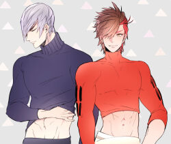 Rule 34 | 2boys, abs, brown eyes, brown hair, closed eyes, crop top, grey background, grey hair, hair over one eye, ishida mitsunari (sengoku basara), kkkaaaayyy, long sleeves, looking at viewer, male focus, midriff, multicolored hair, multiple boys, navel, purple shirt, red hair, red shirt, sengoku basara, shima sakon (sengoku basara), shirt, short hair, simple background, smile, toned, toned male, triangle, turtleneck, two-tone hair, upper body