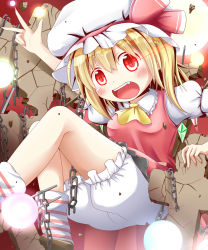 Rule 34 | 1girl, arm up, ascot, blonde hair, bloomers, blush, chain, cross, fang, female focus, flandre scarlet, glowing, hat, hat ribbon, highres, lights, makuran, open mouth, red eyes, ribbon, shirt, side ponytail, skirt, skirt set, slit pupils, solo, teeth, touhou, underwear, upskirt, v, w, wings