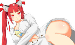 Rule 34 | 1girl, alternate costume, alternate hairstyle, animal ears, blush, breasts, cat ears, collarbone, fang, heart, heart-shaped pupils, highres, himenomikan, kaenbyou rin, large breasts, lying, on side, red eyes, red hair, simple background, skin fang, solo, symbol-shaped pupils, touhou, twintails, white background