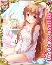 Rule 34 | 1girl, aran sweater, asahina momoko, bed, between legs, blush, bow, brown hair, cable knit, card (medium), character name, collarbone, curtains, girlfriend (kari), hand between legs, long hair, no pants, off shoulder, official art, open mouth, photo (object), qp:flapper, red eyes, ribbon, shaped pillow, side ponytail, sitting, socks, solo, stuffed toy, sweater, v arms, white sweater, wide collar, window