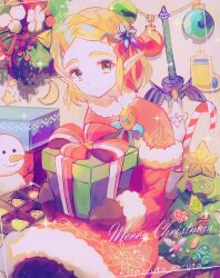 Rule 34 | 1girl, alternate costume, artist name, blonde hair, bow, box, braid, brooch, chocolate, christmas, christmas ornaments, christmas tree, dress, flower, fur trim, gift, gift box, green eyes, hair bow, hair flower, hair ornament, holding, holding box, jewelry, looking at viewer, maruta maruta, merry christmas, mittens, nintendo, parted bangs, pointy ears, princess zelda, red dress, short hair, sidelocks, silent princess, sitting, smile, snowman, solo, sword, the legend of zelda, the legend of zelda: breath of the wild, thick eyebrows, triforce, weapon