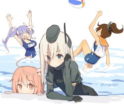 Rule 34 | &gt; &lt;, 10s, 4girls, :d, adjusting hair, ahoge, arms up, bad id, bad pixiv id, ball, beachball, blonde hair, blue eyes, blue hair, blush, breasts, brown hair, coupon (skyth), cropped jacket, closed eyes, female focus, garrison cap, hair ornament, hair ribbon, hairclip, hat, i-19 (kancolle), i-401 (kancolle), i-58 (kancolle), kantai collection, large breasts, long hair, long sleeves, looking to the side, military, military uniform, multiple girls, name tag, one-piece swimsuit, open mouth, pink eyes, pink hair, ponytail, puffy long sleeves, puffy sleeves, ribbon, sailor collar, school swimsuit, school uniform, serafuku, short hair, smile, swimsuit, swimsuit under clothes, tan, twintails, twitter username, u-511 (kancolle), uniform, water, wet, wet clothes, wet hair