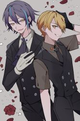 Rule 34 | 2boys, absurdres, asymmetrical bangs, black gloves, black necktie, black pants, black vest, blue hair, buttons, collared shirt, commentary request, cowboy shot, double-parted bangs, flower, gloves, hair between eyes, hand on own chest, hand on own head, highres, kamishiro rui, long sleeves, looking at viewer, lower teeth only, male focus, multicolored hair, multiple boys, necktie, open mouth, orange hair, pants, project sekai, purple hair, red flower, shirt, short hair, shorts, streaked hair, teeth, tenma tsukasa, two-tone hair, utakapen, vest, white gloves