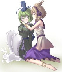 Rule 34 | 2girls, black hat, blush, brown dress, brown hair, commentary, cross-laced clothes, dress, earmuffs, green dress, green eyes, green hair, hat, highres, juliet sleeves, long sleeves, looking at viewer, multiple girls, open mouth, pointy hair, puffy sleeves, purple skirt, pygrenix, short hair, skirt, soga no tojiko, tate eboshi, touhou, toyosatomimi no miko, yuri