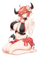 Rule 34 | 1girl, absurdres, ahoge, animal ears, bikini, black bikini, black choker, blush, breasts, casul, choker, commission, cow ears, cow girl, cow horns, cow tail, criss-cross halter, flower, grin, hair flower, hair ornament, halterneck, hand on own chest, highres, horns, huge breasts, looking at viewer, navel, original, red eyes, red hair, red sarong, sarong, short hair, simple background, smile, solo, swimsuit, tail, v, white background