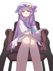 Rule 34 | 1girl, absurdres, aqua bow, blush, bow, chair, commentary request, crescent, crescent hat ornament, dress, dress tug, hair bow, hat, hat ornament, highres, long hair, looking at viewer, mob cap, norichiizu, on chair, open mouth, patchouli knowledge, purple bow, purple hair, sitting, solo, touhou, very long hair