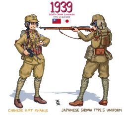 Rule 34 | 2girls, absurdres, aiming, ammunition pouch, arisaka, backpack, bag, black hair, bolt action, boots, braid, canteen, china, clip (weapon), cross-laced footwear, gun, handgun, hat, highres, holding, holding gun, holding weapon, imperial japanese army, japan, kuomintang, lace-up boots, leg wrap, long hair, long sleeves, magazine (weapon), mauser c96, military, military uniform, multiple girls, national revolutionary army, original, ostwindprojekt, pants, pants tucked in, peaked cap, pouch, rifle, second sino-japanese war, short hair, simple background, single braid, smile, soldier, uniform, weapon, white background, world war ii
