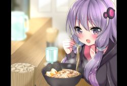 Rule 34 | 1girl, :d, blush, bowl, chopsticks, collarbone, criss-cross halter, cup, egg, food, hair ornament, halterneck, highres, hinao, holding, holding chopsticks, hood, hoodie, long sleeves, looking at viewer, noodles, open mouth, pillarboxed, pitcher (container), purple eyes, purple hair, ramen, restaurant, short hair with long locks, smile, solo, steam, vocaloid, voiceroid, yuzuki yukari