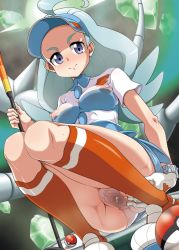 Rule 34 | 1girl, ass, blue eyes, blue hair, breasts, covered erect nipples, creatures (company), elite four, from below, full body, game freak, highres, huge ass, kahili (pokemon), looking at viewer, medium breasts, nintendo, no bra, nori (akusei shinseibutsu), panties, pantyshot, partially visible vulva, poke ball, pokemon, pokemon sm, pov, presenting, pussy, pussy juice, shoes, skirt, solo, spread pussy, spread pussy under clothes, squatting, sweat, textless version, underwear, visor cap