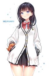 Rule 34 | 10s, 1girl, black hair, black skirt, blue eyes, blush, bow, cardigan, closed mouth, collared shirt, copyright name, cowboy shot, gomzi, gridman universe, long hair, long sleeves, looking at viewer, microskirt, pleated skirt, puffy long sleeves, puffy sleeves, red bow, scrunchie, shirt, simple background, skirt, solo, ssss.gridman, standing, star (symbol), takarada rikka, white background, white cardigan, white shirt, wrist scrunchie