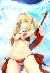 Rule 34 | 1girl, a.t. zero, ahoge, bikini, blue sky, bracelet, breasts, closed mouth, cloud, cloudy sky, cowboy shot, criss-cross halter, day, earrings, fate/grand order, fate (series), gluteal fold, green eyes, groin, hair between eyes, hair intakes, halterneck, highres, jewelry, long hair, medium breasts, navel, nero claudius (fate), nero claudius (fate) (all), nero claudius (swimsuit caster) (fate), side-tie bikini bottom, sidelocks, sky, smile, solo, striped bikini, striped clothes, swimsuit, twintails, underboob