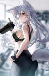 Rule 34 | 1girl, animal ears, ass, bad id, bad twitter id, bare arms, bare shoulders, black gloves, black pants, blurry, breasts, clothing cutout, cowboy shot, crop top, depth of field, eyepatch, fingerless gloves, fox ears, fox girl, fox tail, from side, gloves, grey hair, highres, holding, kawachi rin, long hair, looking at viewer, looking to the side, medium breasts, midriff, open mouth, original, pants, red eyes, revision, sideboob, sleeveless, solo, sports bra, standing, sweatdrop, tail, tail through clothes, tumbler, v-shaped eyebrows, yoga pants