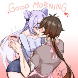 Rule 34 | 1boy, 1girl, apron, artist name, blush, breasts, brown shirt, cleavage, closed eyes, coffee, collarbone, cone hair bun, couple, cup, earrings, from behind, genshin impact, good morning, gradient background, hair bun, hair intakes, hair ornament, hair ribbon, hand on another&#039;s shoulder, heart, holding, holding cup, jewelry, keqing (genshin impact), kiss, long hair, long sleeves, low ponytail, lowres, pink background, ponytail, purple hair, ribbon, shirt, short shorts, short sleeves, shorts, sidelocks, tassel, tassel earrings, twitter username, white background, white shirt, wynnie9963, zhongli (genshin impact)
