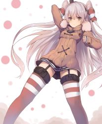 Rule 34 | 10s, 1girl, absurdres, amatsukaze (kancolle), arm up, black hat, black skirt, blush, bridal garter, brown coat, brown eyes, buttons, coat, dyson (edaokunnsaikouya), from below, fur trim, garter straps, hair between eyes, hair tubes, hairband, hat, highres, hood, hooded jacket, jacket, kantai collection, long hair, long sleeves, looking at viewer, mini hat, miniskirt, red thighhighs, revision, silver hair, simple background, skirt, solo, standing, striped clothes, striped thighhighs, thighhighs, twintails, two side up, very long hair, white background, winter clothes, winter coat, zettai ryouiki
