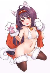 Rule 34 | 1girl, ahoge, animal ears, animal hands, bell, bikini, breasts, brown thighhighs, cat ears, cat tail, choker, collar, collarbone, commentary request, fur-trimmed legwear, fur trim, gloves, hairband, highres, holding, holding sack, lavie, long hair, looking at viewer, navel, open mouth, paw gloves, purple hair, red choker, red eyes, red footwear, red hairband, sack, shoes, small breasts, smile, solo, striped choker, swimsuit, sword art online, tail, teeth, thighhighs, untied bikini, upper teeth only, white gloves, yuuki (sao)