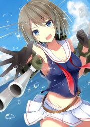 Rule 34 | 10s, 1girl, a.a (aa772), armpits, bad id, bad pixiv id, blue eyes, brown hair, collarbone, day, gloves, headgear, highres, kantai collection, looking at viewer, machinery, maya (kancolle), midriff, ocean, open mouth, outdoors, reaching, reaching towards viewer, school uniform, serafuku, short hair, sleeveless, solo, teeth, turret, upper teeth only, water, water drop