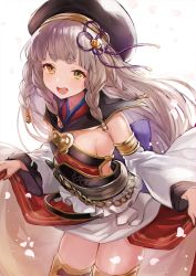 Rule 34 | 1girl, :d, backlighting, bare shoulders, black hat, braid, breasts, cowboy shot, detached collar, detached sleeves, erune, granblue fantasy, green eyes, hair ornament, hat, heterochromia, japanese clothes, long hair, long sleeves, looking at viewer, obi, open mouth, petals, pholia, sash, sidelocks, silver hair, small breasts, smile, solo, standing, thick eyebrows, thighhighs, very long hair, white background, wide sleeves, yellow eyes, yuzuki karu, zettai ryouiki