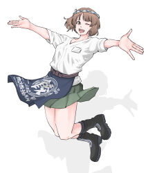 Rule 34 | 1girl, absurdres, apron, blue apron, brown eyes, brown hair, clothes writing, commentary, girls und panzer, green skirt, hachimaki, headband, highres, jumping, legs up, looking at viewer, miniskirt, nishizumi miho, official alternate costume, open mouth, outstretched arms, pleated skirt, shadow, shirt, short hair, short sleeves, simple background, skirt, skrmtl, smile, solo, spread arms, waist apron, white background, white shirt