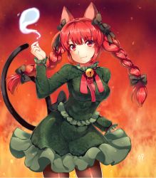 Rule 34 | 1girl, :3, animal ears, bad id, bad pixiv id, bell, black pantyhose, bow, braid, breasts, cat ears, cat tail, collar, cowboy shot, dress, fang, fang out, fiery background, fire, green dress, hair bow, highres, hitodama, kaenbyou rin, long sleeves, looking at viewer, multiple tails, neck bell, nekomata, pantyhose, papo, red eyes, red hair, signature, solo, tail, touhou, twin braids, two tails