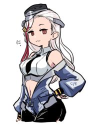 Rule 34 | 1girl, :3, ^^^, black necktie, black shorts, blue jacket, breasts, commentary request, cowboy shot, hand on own hip, headgear, jacket, kantai collection, long hair, looking at viewer, massachusetts (kancolle), medium breasts, midriff, military, military uniform, multicolored hair, navel, necktie, red eyes, red hair, shirt, shorts, simple background, sleeveless, sleeveless shirt, smile, solo, streaked hair, terrajin, uniform, white background, white hair