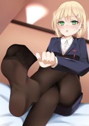 Rule 34 | 1girl, absurdres, blonde hair, clothes pull, crossed legs, feet, green eyes, highres, jamie hazaford, looking at viewer, open mouth, pantyhose, pantyhose pull, shirogane no ishi argevollen, soles, toes