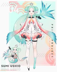 Rule 34 | 1girl, absurdres, arms at sides, bare shoulders, black collar, black footwear, breasts, character name, chibi, collar, company name, crown, detached collar, double bun, dress, english text, fins, fish, fish girl, fish tail, full body, gradient dress, green eyes, green hair, hair bun, highres, jacket, leotard, long hair, long sleeves, looking at viewer, mini crown, monster girl, multicolored hair, open mouth, pink dress, pink hair, prism project, scales, shoes, shokuen (oxstl), sidelocks, single shoe, single thighhigh, skindentation, small breasts, smile, solo, standing, straight-on, strapless, strapless dress, strapless leotard, suds (ushio sumi), tail, thigh strap, thighhighs, ushio sumi, virtual youtuber, white dress, white jacket, white leotard, white thighhighs