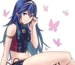 Rule 34 | 1girl, alternate costume, ameno (a meno0), armband, bad id, bad twitter id, blue eyes, blue hair, breasts, bug, butterfly, fire emblem, fire emblem awakening, fire emblem cipher, gold trim, hand in own hair, hand up, insect, long hair, looking at viewer, lucina (fire emblem), navel, nintendo, shorts, small breasts, smile, solo, stomach, swimsuit, thighs, tiara, white background
