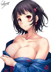 Rule 34 | 1girl, artist name, bare shoulders, black hair, blue kimono, blush, breasts, cleavage, collarbone, covering privates, covering breasts, earrings, floral print, frown, hair ornament, hairclip, japanese clothes, jewelry, kantai collection, kimono, large breasts, lips, looking at viewer, nail polish, obi, open clothes, open kimono, open mouth, purple nails, red eyes, sakiyamama, sash, short hair, simple background, solo, takao (kancolle), upper body, white background, wide sleeves