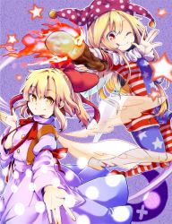 Rule 34 | 2girls, american flag dress, american flag legwear, american flag shirt, blonde hair, bow, clownpiece, collar, dress, fire, frilled collar, frilled shirt collar, frills, gengetsu (touhou), hair bow, hat, highres, jester cap, long hair, long sleeves, looking at viewer, multiple girls, neck ruff, one eye closed, outstretched arm, pantyhose, polka dot, red bow, red eyes, red ribbon, ribbon, striped clothes, striped dress, tongue, tongue out, torch, touhou, touhou (pc-98), wadante, white dress, white wings, wings