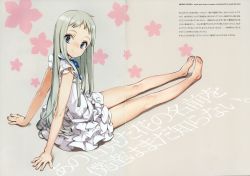Rule 34 | 10s, 1girl, a-1 pictures, absurdres, ano hi mita hana no namae wo bokutachi wa mada shiranai., aqua eyes, arm support, bare legs, barefoot, copyright name, crease, dress, feet, flower, frilled dress, frilled skirt, frilled sleeves, frills, from behind, full body, green hair, grey background, highres, honma meiko, legs, light smile, long hair, long legs, looking at viewer, looking back, non-web source, ooyari ashito, scan, simple background, sitting, skirt, solo, sundress, thighs, toes