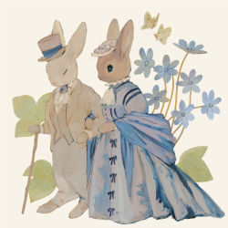 Rule 34 | animal, animal focus, black eyes, blue dress, blue flower, bow, bug, butterfly, cane, closed eyes, coat, dress, floral background, flower, formal, frills, full body, hat, highres, insect, jacket, leaf, locked arms, no humans, original, rabbit, ribbon, shawl, simple background, standing, suit, suit jacket, tono (rt0no), top hat
