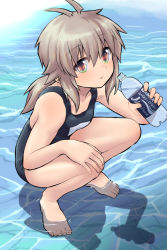 Rule 34 | 1girl, antenna hair, bare arms, bare legs, bare shoulders, barefoot, black one-piece swimsuit, bottle, breasts, brown hair, commentary request, hair between eyes, highres, holding, holding bottle, koshirae tsurugi (m.m), long hair, low ponytail, m.m, one-piece swimsuit, original, parted lips, ponytail, red eyes, shallow water, small breasts, solo, squatting, swimsuit, water, water bottle
